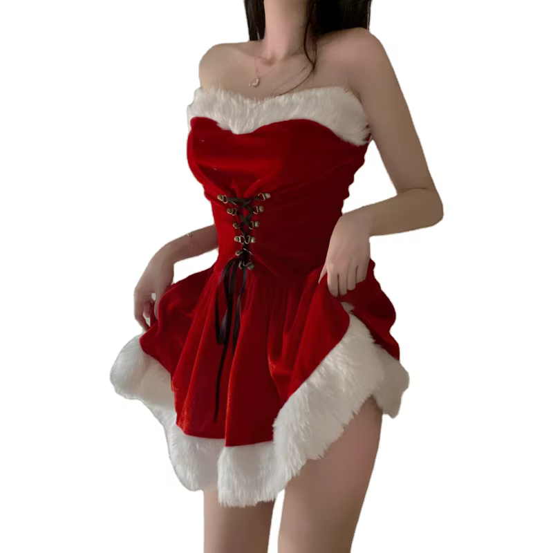 Winter New Year Christmas Slim Drawstring Sleeveless Pullover Women Dress High Waist Short Skirt Set Summer Sexy Mini Natural