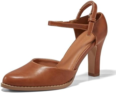 Coutgo Womens Chunky High Heels Closed Pointed Toe Ankle Strap Pumps Vintage D'Orsay Dress Party Shoes