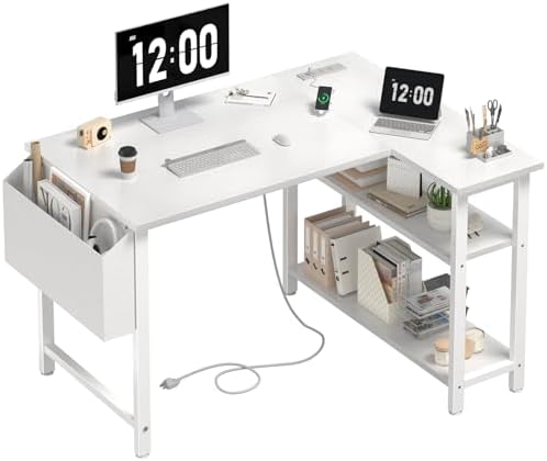 DLisiting White L Shaped Computer Desk with Power Outlet Shelves, 40 Inch Small Corner Desk for Small Space Home Office, Study Work PC Desks for Bedroom, White