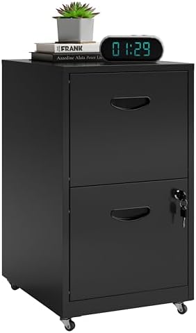 2 Drawer File Cabinet on Wheels, Mobile Two Drawer Filing Cabinet with Lock, Small Rolling Files Cabinets for Under Desk, Metal Filing Cabinets for Letter Size Folders - Assembly Required
