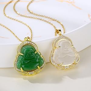 Gold Plated Laughing Buddha Pendant Necklace Ring Set Green Jade Smiling Laughing Buddha Necklace Cubic Zirconia Gemstone Lucky Amulet Jewelry Set for Women Men (green F)