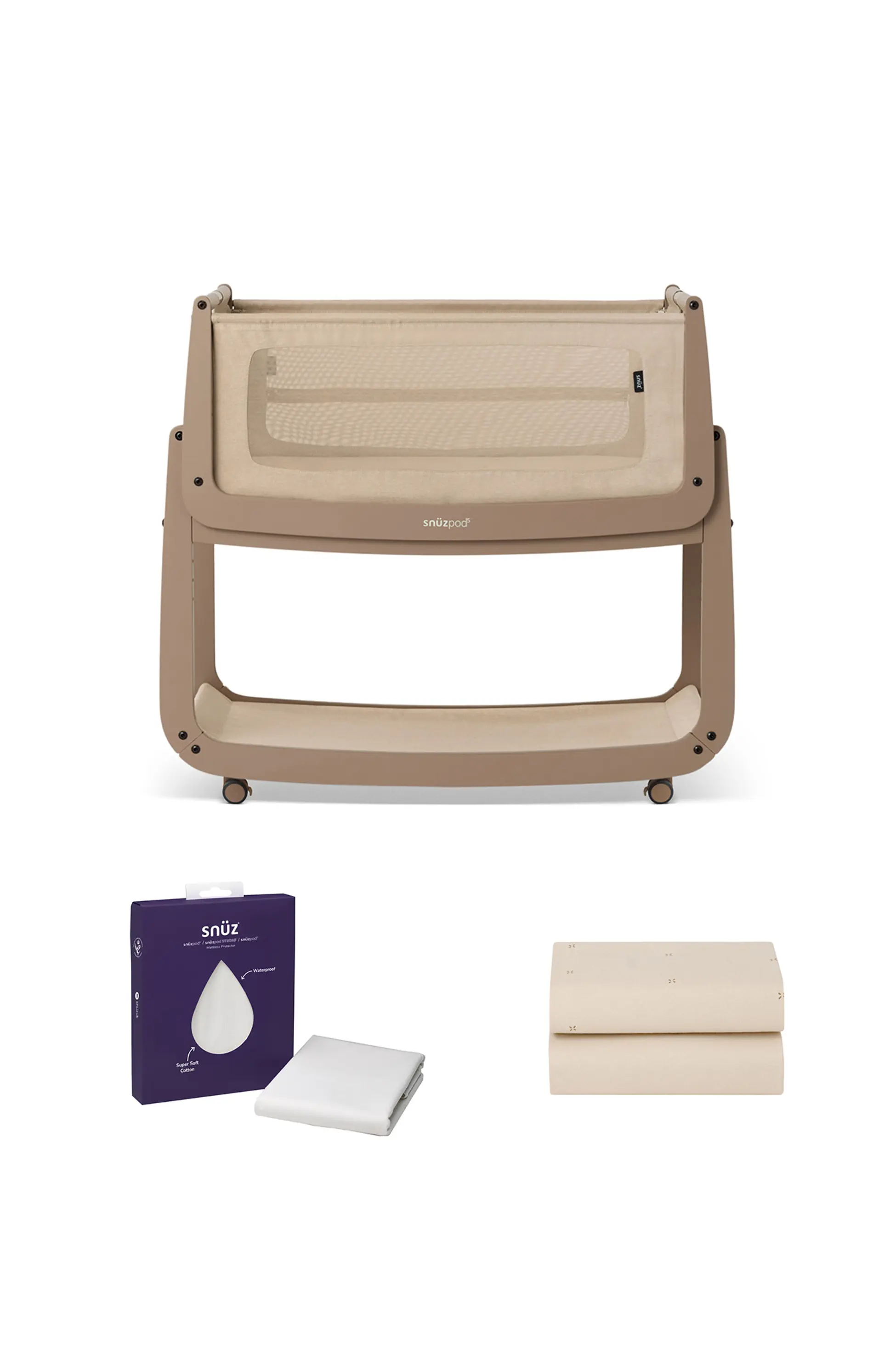 The SnuzPod5 Bedside Bassinet Bundle with Sheets, Mattress Protector & Mattress