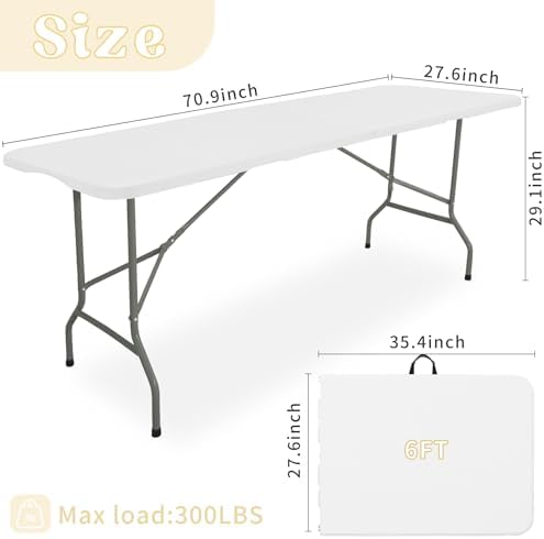 Set of 2 Folding Table 6 FT Lightweight Camping Table Portable Plastic Rectangular Outdoor Dining Table Steel Legs Fold-in-Half with Carrying Handle for Indoor,Picnic,Party,Wedding,Events(White)