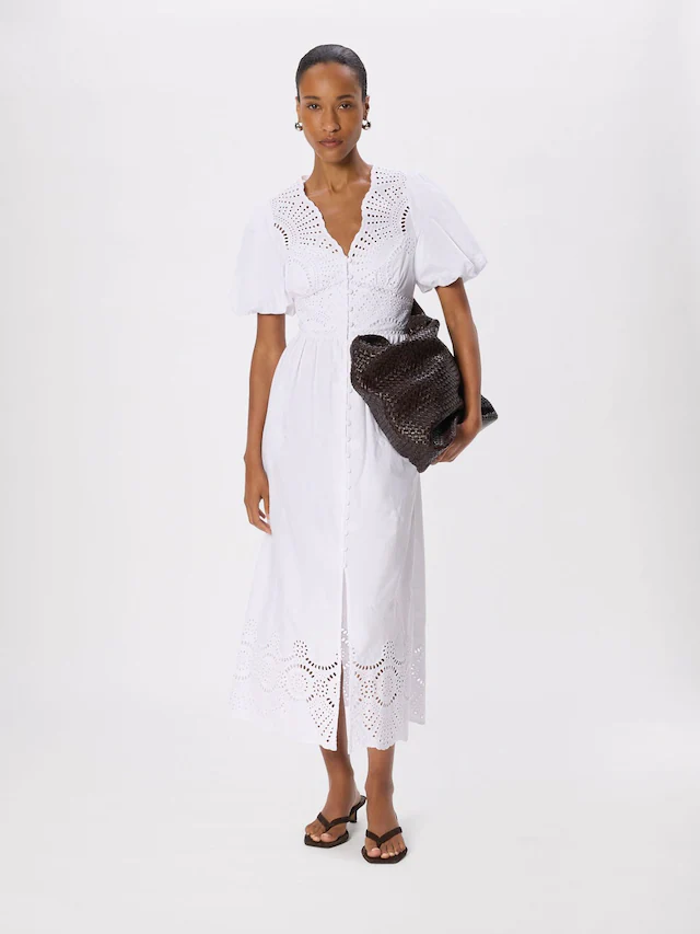 Whistles White Cotton Broderie V-Neck Dress