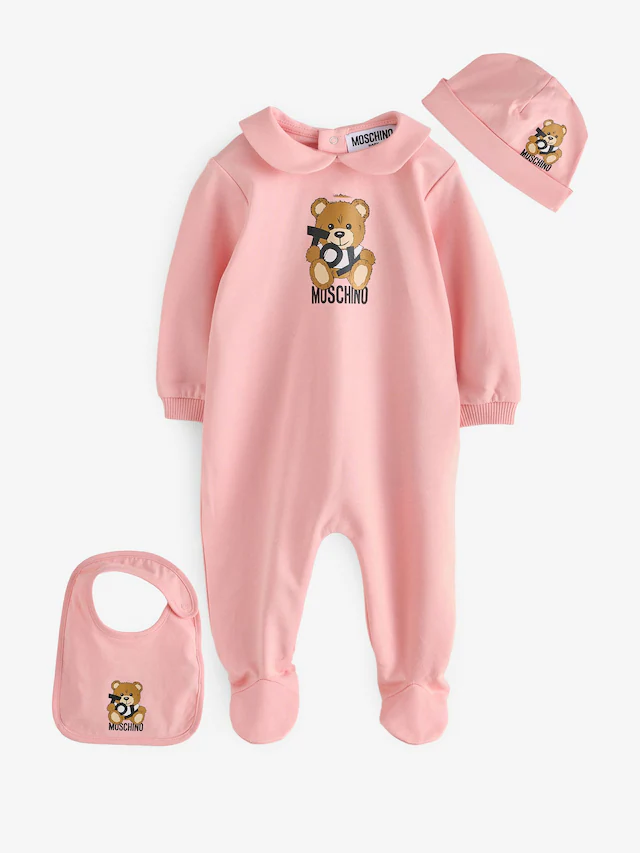 Moschino Pink Baby Logo Sleepsuit, Hat & Bib Giftset With Giftbox