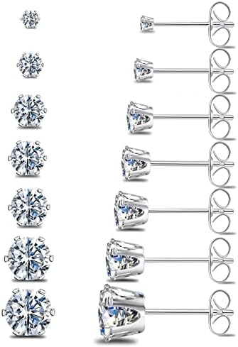 Silver Gold Black Stud Earrings Set 7Pairs Hypoallergenic Cubic Zirconia Titanium Stainless Steel Silver Rose Gold Black CZ Cartilage Stud Earrings Jewelry Sets for Women Men, 2-8mm CZ Stud Earrings
