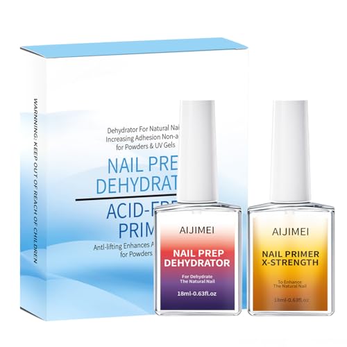AIJIMEI 18ml Nail Prep Dehydrator And Nail Primer X-Strength Set For Acrylic Nail Products Nail Primer And Dehydrator Nail Bonding Nails（18ml/0.63fl.oz）