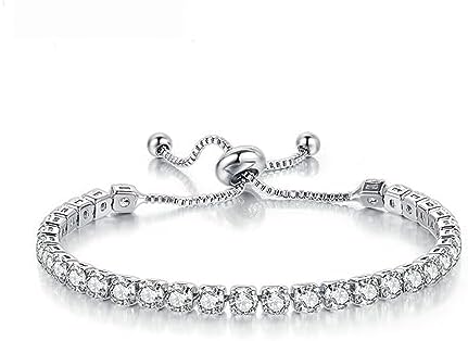 Silver Bracele, Tennis Bracelets for Women White Gold Plated Diamond Classic Adjustable Slider Bracelet Silver Fashion Jewelry Wedding Gift for Women Gifts Women